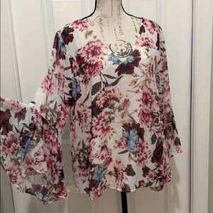 White House Black Market Floral Chiffon Blouse - Burgundy and Blue